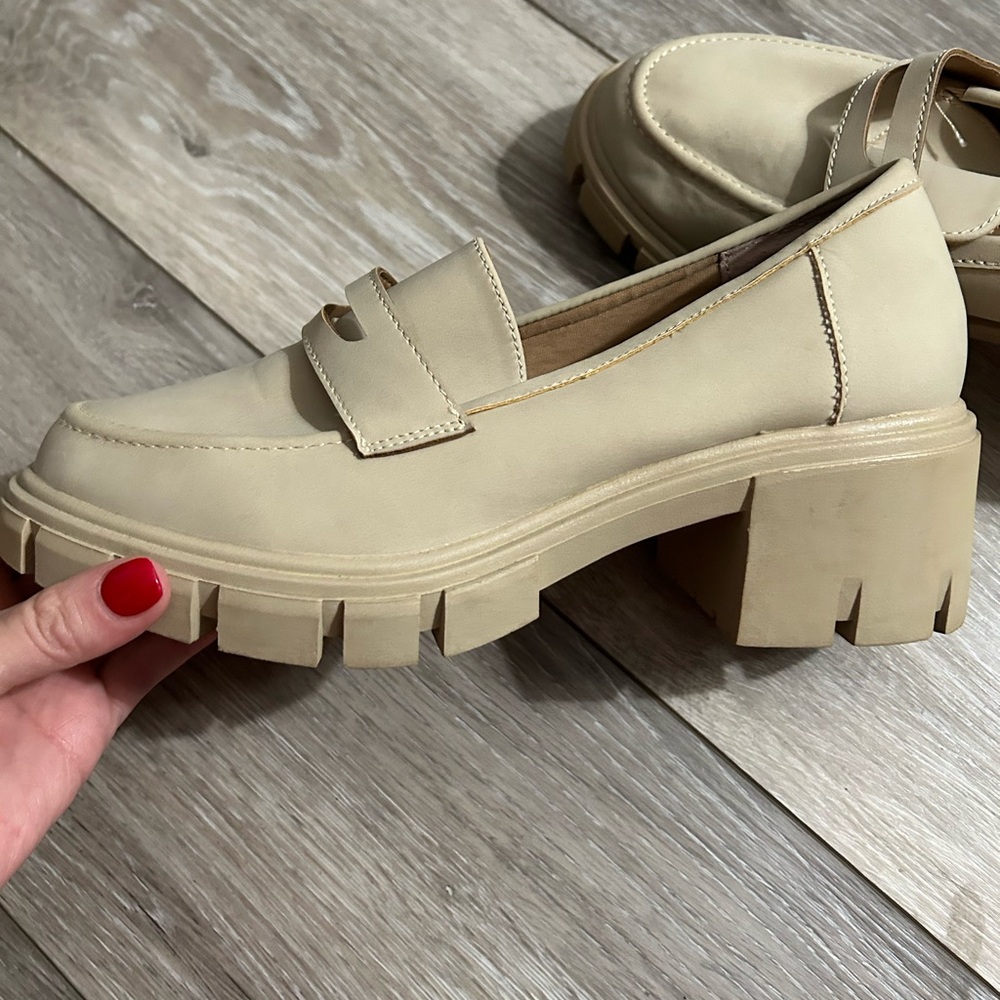 Beige slip on loafers